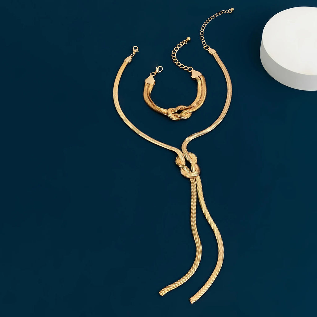 Gold Knotted Necklace & Bracelet Set – Elegant Statement Jewelry