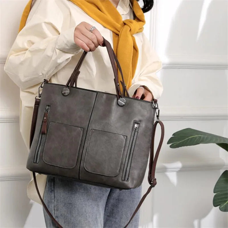 Vintage Brown Leather Tote Bag with Multi-Pocket Design