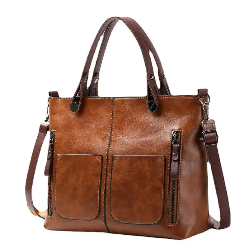 Vintage Brown Leather Tote Bag with Multi-Pocket Design