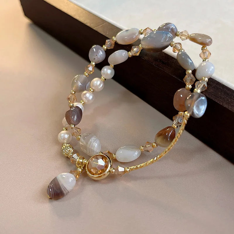 Vintage Double-Layer Pearl & Crystal Bracelet – Handcrafted Look