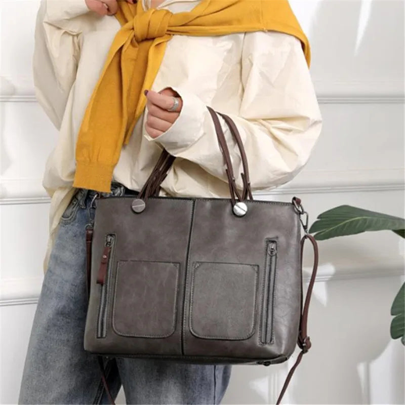 Vintage Brown Leather Tote Bag with Multi-Pocket Design