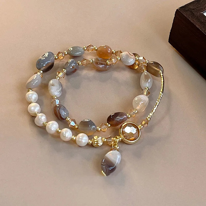 Vintage Double-Layer Pearl & Crystal Bracelet – Handcrafted Look
