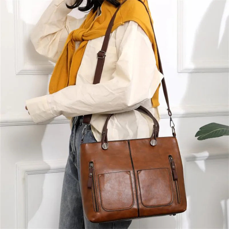 Vintage Brown Leather Tote Bag with Multi-Pocket Design