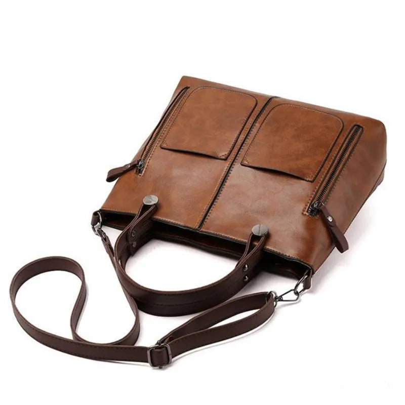 Vintage Brown Leather Tote Bag with Multi-Pocket Design