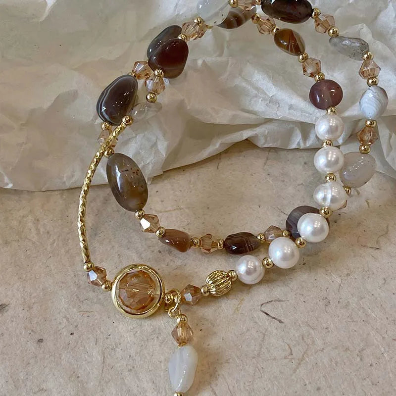 Vintage Double-Layer Pearl & Crystal Bracelet – Handcrafted Look