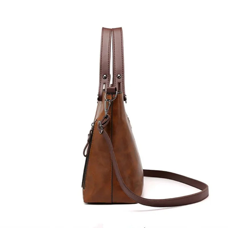 Vintage Brown Leather Tote Bag with Multi-Pocket Design