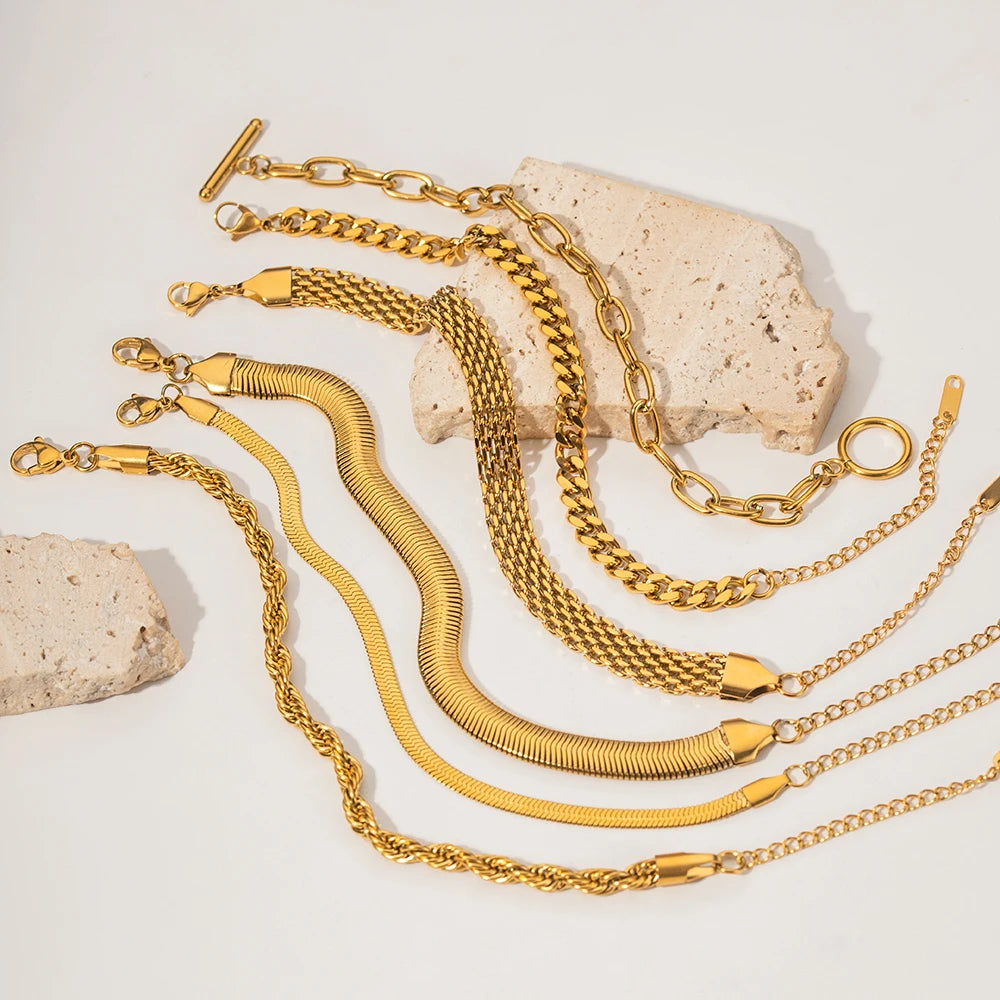 Textured Gold Link Chain Bangle – Waterproof Stainless Steel