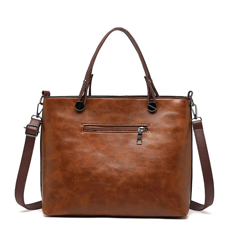 Vintage Brown Leather Tote Bag with Multi-Pocket Design