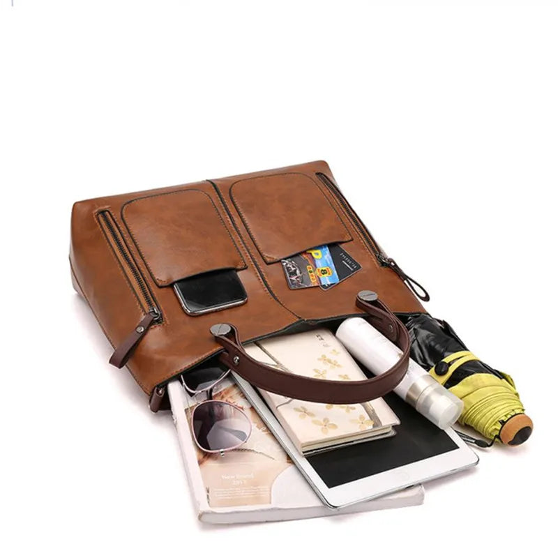 Vintage Brown Leather Tote Bag with Multi-Pocket Design
