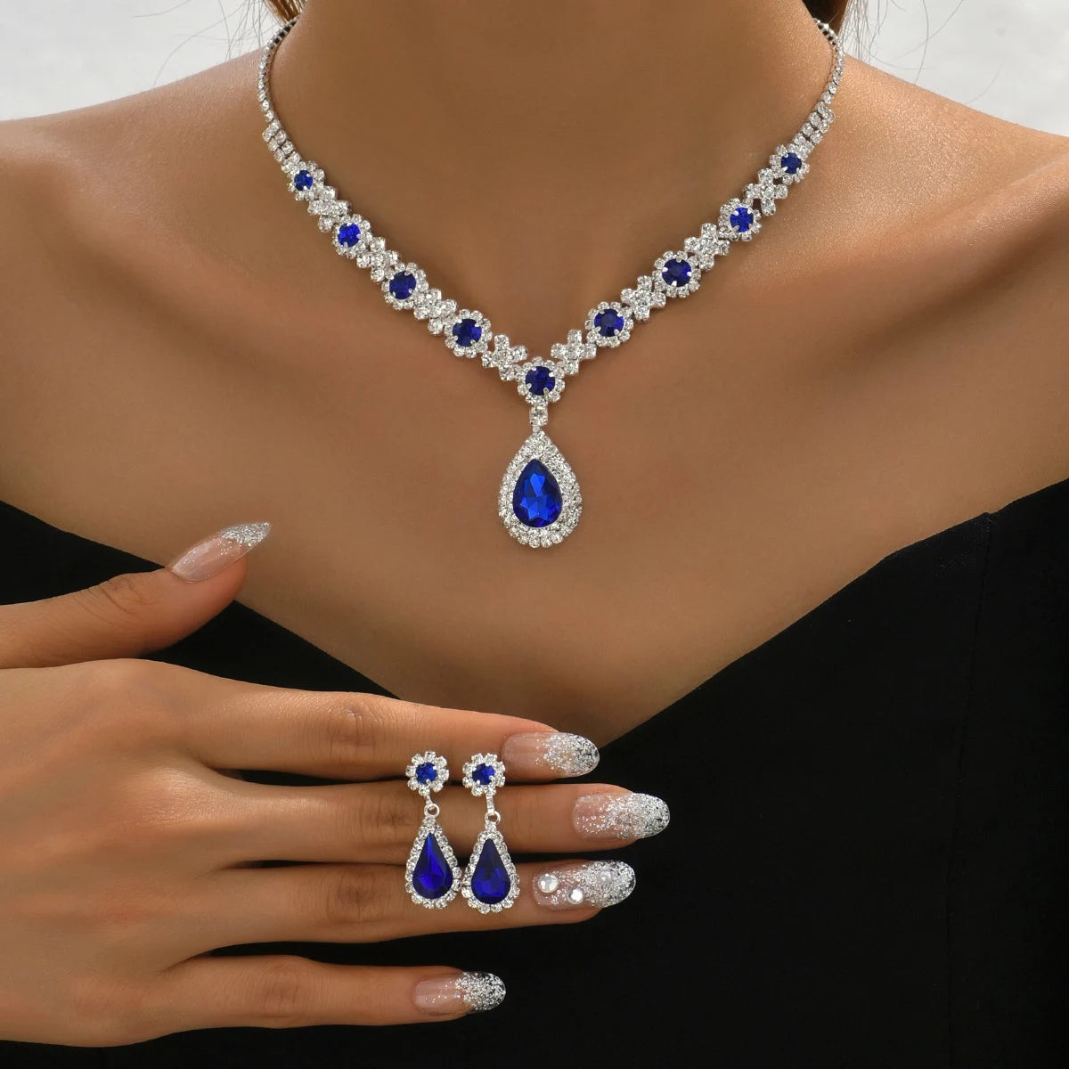 Royal Blue Crystal Necklace & Earring Set – Elegant Wedding & Evening Jewelry