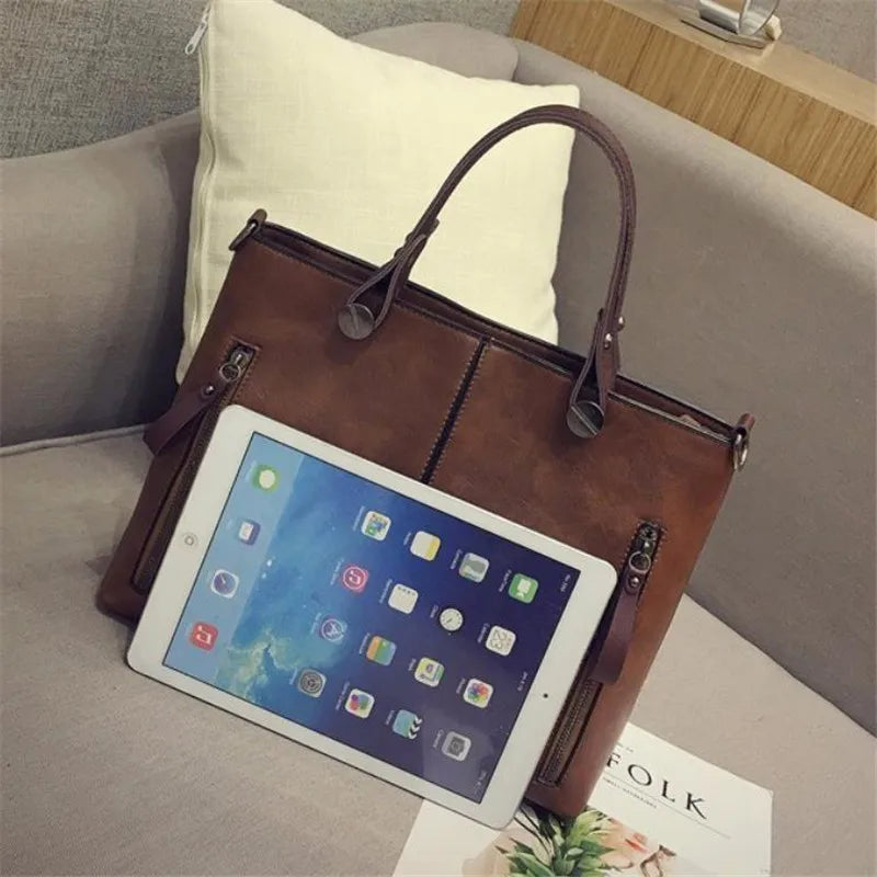 Vintage Brown Leather Tote Bag with Multi-Pocket Design