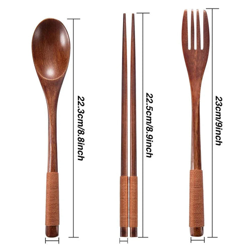 3-Piece Natural Wood Cutlery Set – Spoon, Fork & Chopsticks
