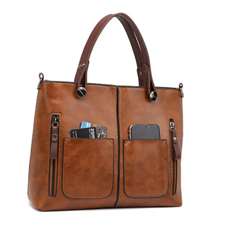 Vintage Brown Leather Tote Bag with Multi-Pocket Design