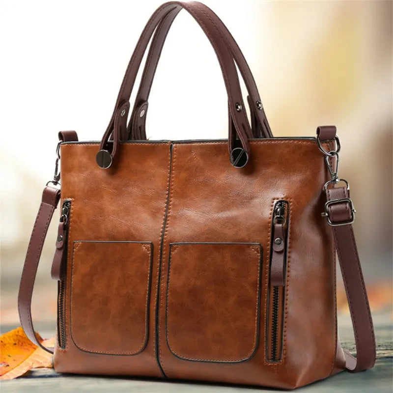 Vintage Brown Leather Tote Bag with Multi-Pocket Design