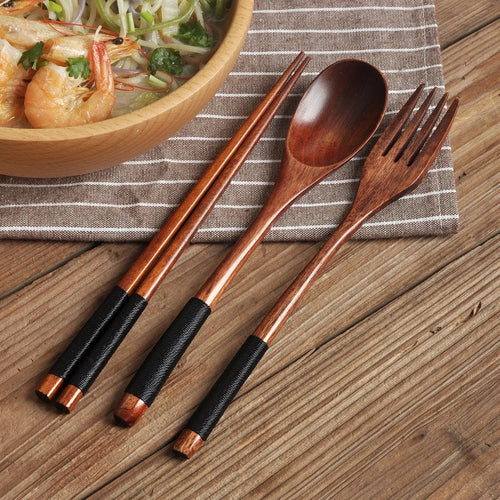 3-Piece Natural Wood Cutlery Set – Spoon, Fork & Chopsticks