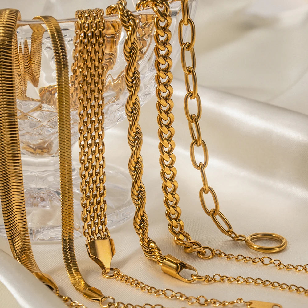 Textured Gold Link Chain Bangle – Waterproof Stainless Steel