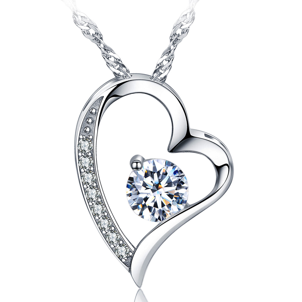Zentra Heart Necklace 14K White Gold Plated Round Cut Cubic Zirconia Forever Lover Heart Pendant Necklace for Elegant Women