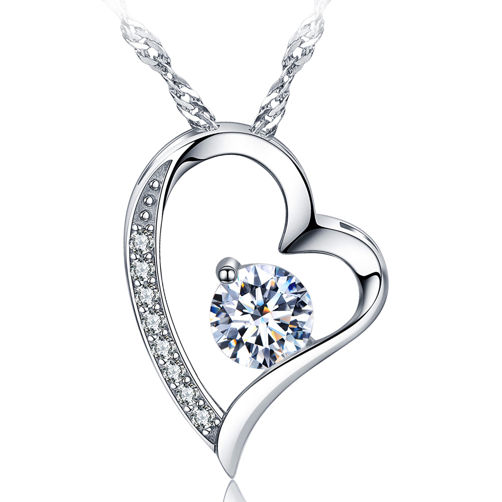 Zentra Heart Necklace 14K White Gold Plated Round Cut Cubic Zirconia Forever Lover Heart Pendant Necklace for Elegant Women