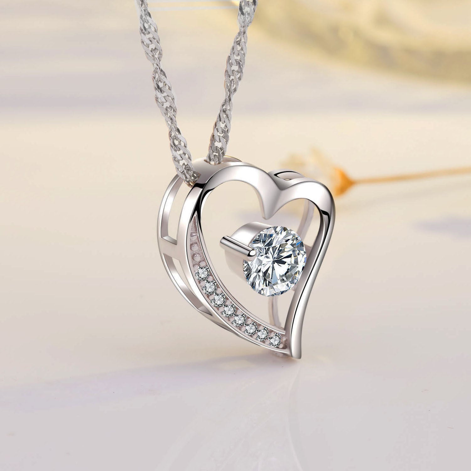 Zentra Heart Necklace 14K White Gold Plated Round Cut Cubic Zirconia Forever Lover Heart Pendant Necklace for Elegant Women